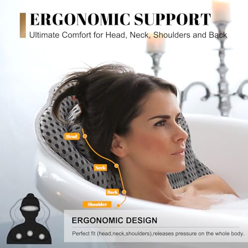 Idle Hippo Grey 4D Air Mesh Bath Pillow - Neck & Back Support for Tub & Spa
