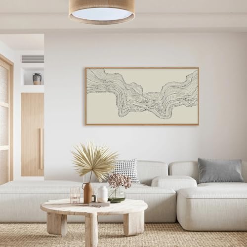 Wave Line Abstract Wall Art Set - 40x20 Inch Black Beige Minimalist Canvas Decor