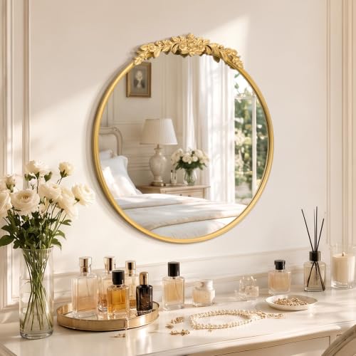 Gleaming Gold 27x27 Inch Ornate French Vintage Vanity Mirror - Baroque Style