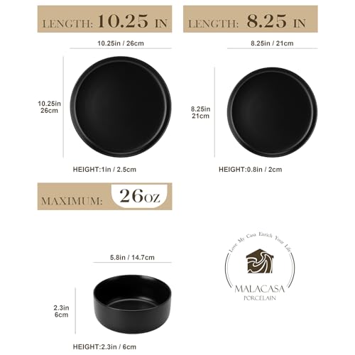 Black Porcelain Dinnerware Set for 4 - 12 Pieces Plates & Bowls, Microwave & Dishwasher Safe
