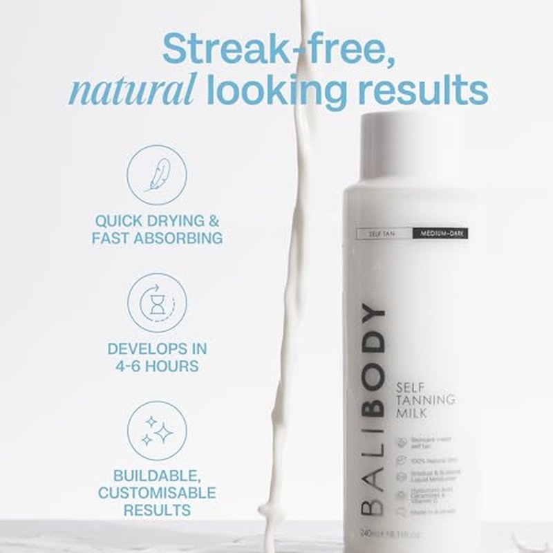 Bali Body Self Tan Milk, Buildable Long-Lasting Gradual Tanning Lotion & Vegan Self Tanner, Lightweight Hydrating Formula, Streak-Free Natural Glow, Cruelty-Free Australian Made, 240ml/8.1 fl oz