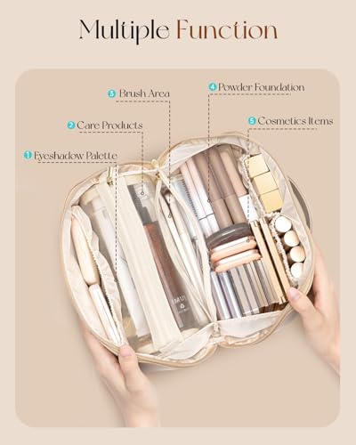 VLANDO Toffee Travel Makeup Bag with 180° Opening Women Toiletry Case