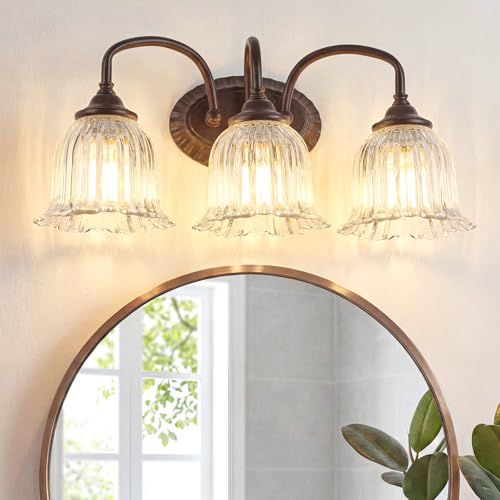 Oil Rubbed Bronze 3-Light Bathroom Vanity Light with Floral Glass Shades - Vintage Style