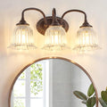 Oil Rubbed Bronze 3-Light Bathroom Vanity Light with Floral Glass Shades - Vintage Style