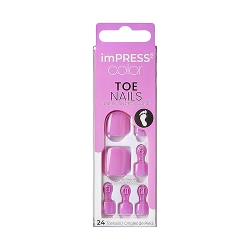 KISS imPRESS Color No Glue Pedi Press-On Toenails, Pink Squoval Shape, Includes 24 Nails, Prep Pad, 1 Manicure Stick, 1 Mini File