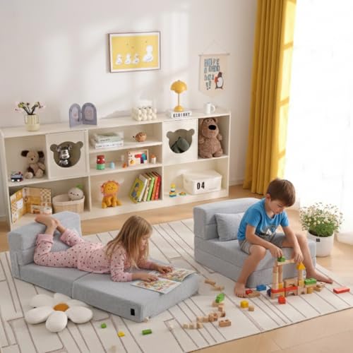 Kids Foldable Sofa Bed with Pillow - Plush Grey, Washable Floor Couch for Children