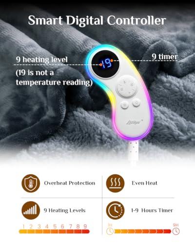 Grey Queen Electric Heated Blanket 220GSM Flannel Sherpa Cozy Warm