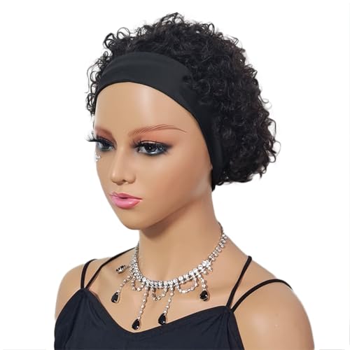 Short Curly Human Hair Headband Wig - 1B / 6 Inch, Glueless, Kinky Curly for Black Women