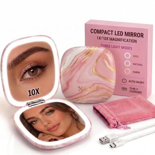 NJ GLAM Blush Marble LED Lighted Makeup Mirror 3.9 Inch Dual-Sided 1x/10x Magnification with Auto On/Off & USB Charging