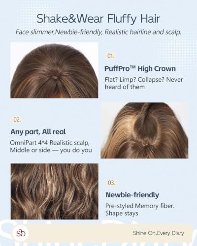 SHINEDIARY 26” Wavy Wigs with Bangs Latte Brown Balayage High Crown Voluminous Style