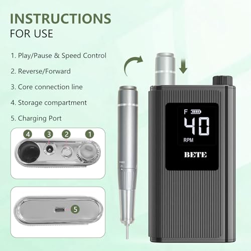 Cordless Nail Drill Machine with 6 Bits - Rechargeable Electric Nail File for Acrylic Gel Nails