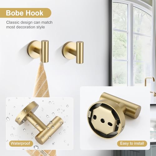 TQKAG Brushed Gold 10-Pieces Bath Hardware Set – SUS304 Stainless Towel Bar 23.6in, Rings, Hooks & Holders
