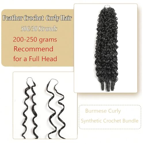 Burmese Curly Feather Crochet Hair Extensions 16 Inch 90 Strands Black - Natural Black, Pre-Separated, Lightweight Synthetic Hair