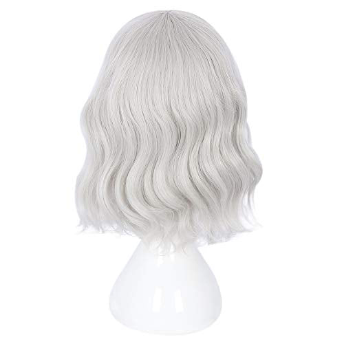 14-inch Silver White Curly Wavy Short Bob Wig with Bangs for Women - Cosplay & Daily Use