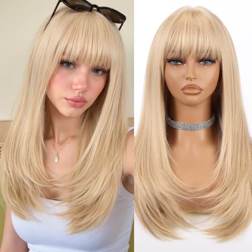 Allbell Blonde Long Straight Layered Wigs with Bangs - 22 Inch Synthetic Heat-Resistant Hair for Women