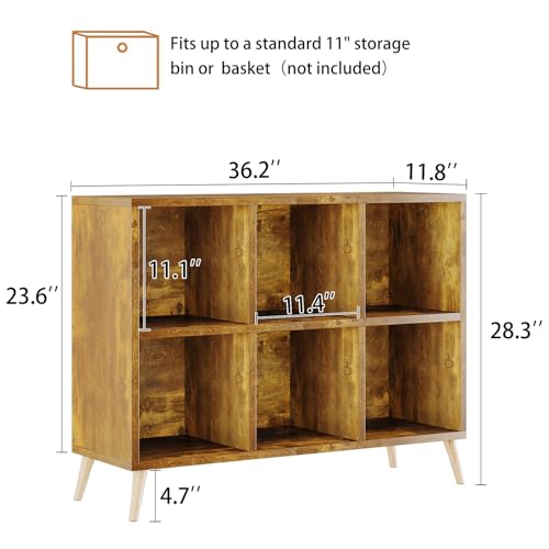 Rustic Brown 6-Cube Storage Organizer with Legs, Fits 11-Inch Bins, Modern Freestanding Bookcase