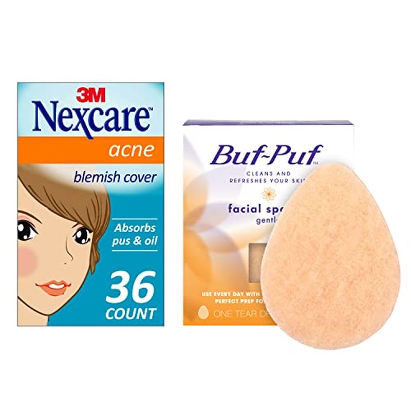 Buf-Puf Regular Facial Sponge, Removes Deep Down Dirt & Makeup That Causes Breakouts and Blackheads, Reusable, Exfoliating, White (1 Count) + Nexcare Acne Absorbing Patch (36 Count)