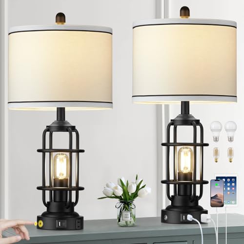 Black Industrial Dimmable Bedside Table Lamp with USB-C & AC Outlet - Modern Nightstand Light - 4 Bulbs Included - Rustic Touch Control