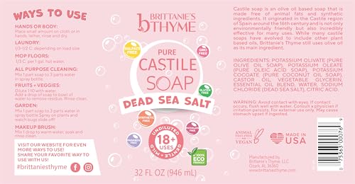 Brittanie’s Pure Castile Liquid Soap Refill with Dead Sea Salt - 32 oz, Pack of 2 - Variation of Dead Sea Salt / 64 Fl Oz