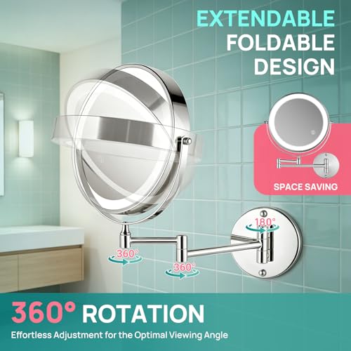 Chrome Wall Mounted Lighted Makeup Mirror Double Sided 1X/30X Magnification