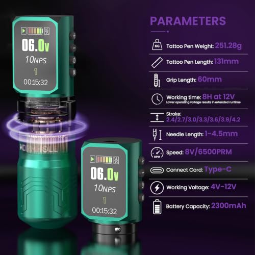 Wireless Tattoo Power Supply Kit with 2 Batteries & 8 Ink Colors - Green Variation