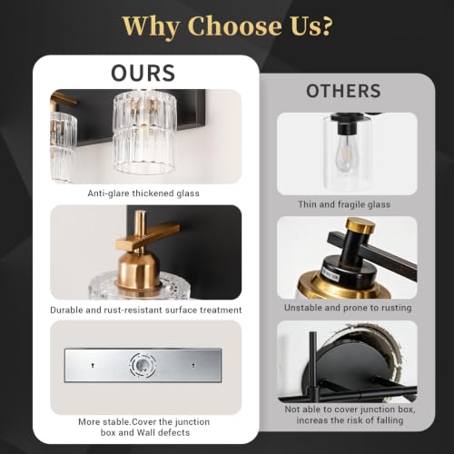 OCIOC 3-Light Bathroom Vanity Light Black & Gold Wall Sconce with Glass Shades - Farmhouse Style