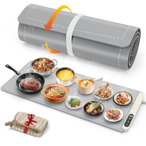 Extra Large Food Warming Mat 36x16 Inch Rapid Full Surface Heating Gray - Heat Resistant & Rollable Silicone Kitchen Warmer