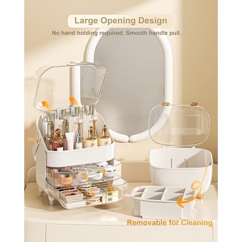 Makeup Organizer with Lipstick Holder, Skincare Organizers Storage Box Cosmetic Display Cases, Teen Girl Gifts Make up Organizers for Vanity, Dresser, Countertop, Bathroom(Silver)