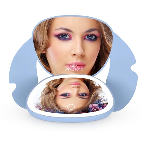 Impressions Vanity Stitch Ohana LED Compact Mirror with Lights, Lighted Travel Makeup Mirror with 3X Magnification, Adjustable Brightness, and Soft Touch Velvety Finish, Auto Shut-Off