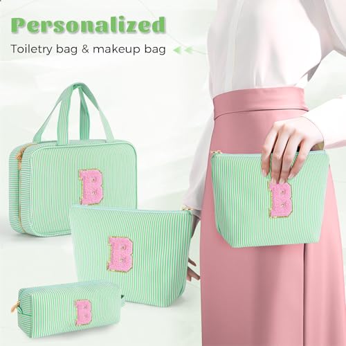 Personalized Toiletry Bag Set for Teen Girls - Green Initial Makeup & Travel Cosmetic Bag B