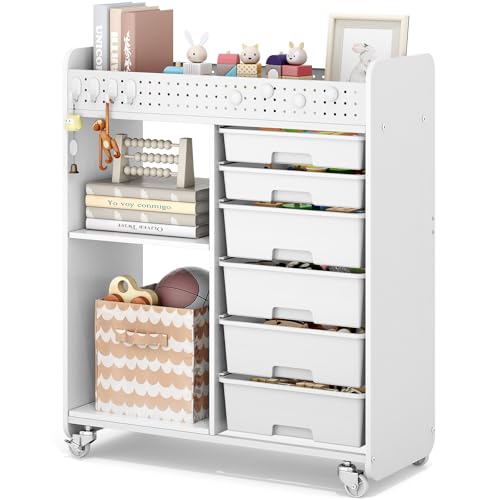 White Rolling Craft Cart with 6 Drawers, Pegboard & Locking Wheels - ApexChaser