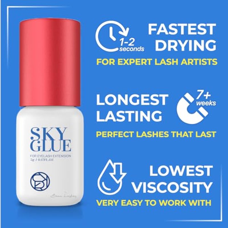 2 Bottles Sky Glue for Eyelash Extensions S+ | Super Strong Black Lash Extension Adhesive for Professional Long Lasting Semi Permanent Individual Lash Extensions | Fast Drying / 7+ Week Retention 5ml