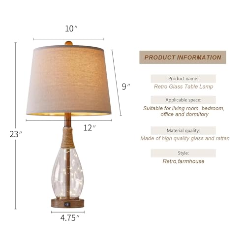 OYEARS Farmhouse Glass Bedside Lamps Set of 2 with Wood-Like Finish & Rattan Accents