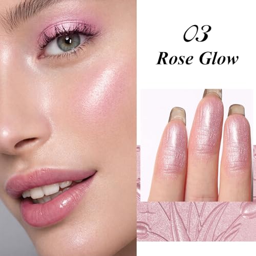 UCANBE Sparkle Bomb Baked Highlighter, Powder Highlighter Makeup, High Glossy Illuminator Palette for Face & Body, Weightless and Buildable (03 Rose Glow)
