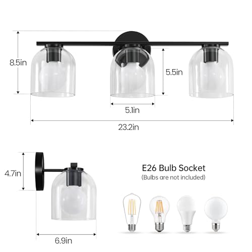 WOSHITU Matte Black Bathroom Vanity Light Fixture - 23.3 Inch 3-Light Over Mirror with Clear Glass Shade