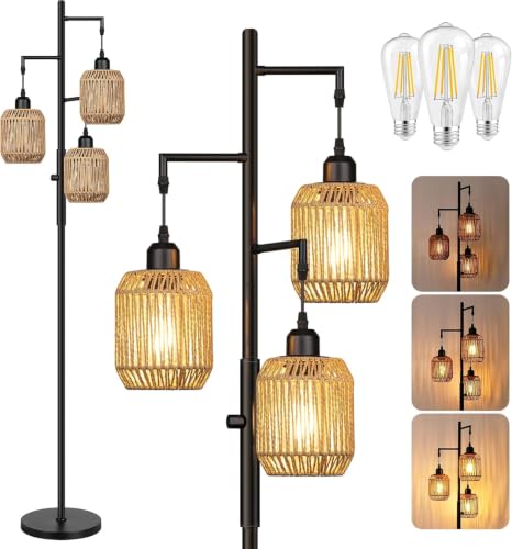 ROTTOGOON Dimmable Boho Floor Lamp with Rattan Shades - Farmhouse 3-Light Tall Standing Lamp for Living Room & Bedroom, Black + Brown