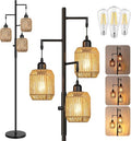 Dimmable Boho Floor Lamp with Rattan Shades, 3-Light Farmhouse Rattan Floor Lamp for Living Room & Bedroom, Black+Brown
