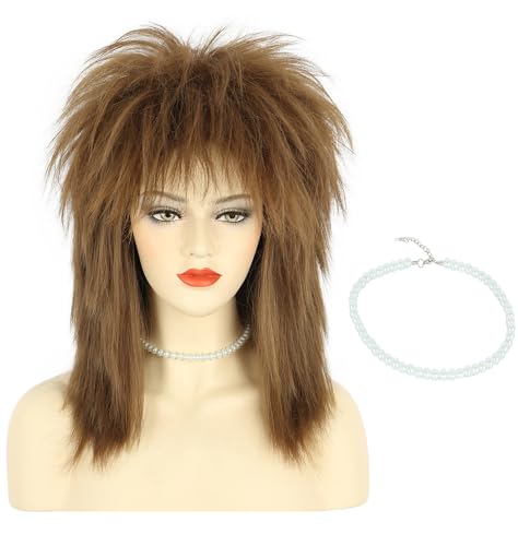 Long Curly Brown Wig with Necklace for Cosplay 70s 80s Rocker Style