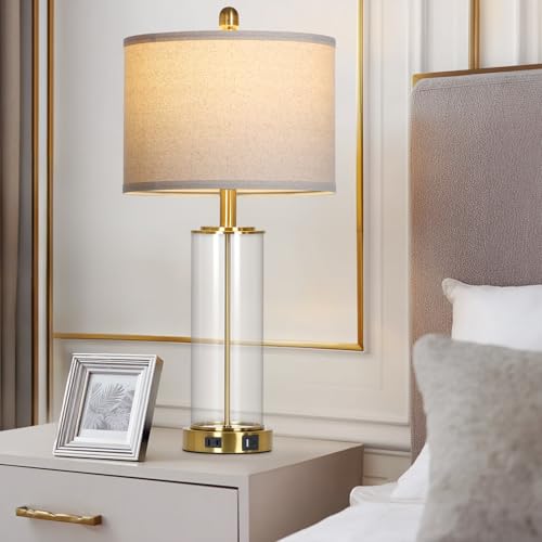 Luxeflow 26-Inch Gold Glass Table Lamps Set of 2 with USB-C, Outlets & Dimmable Touch Control - Modern Bedroom & Living Room Decor