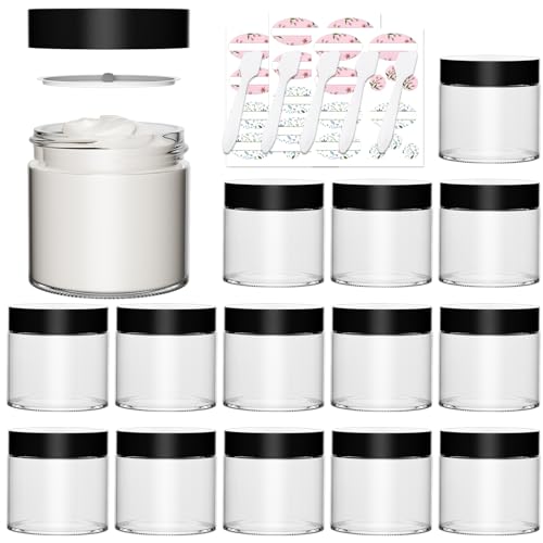 15 Pack 4 oz Clear Glass Cosmetic Jars with Black Lids & Labels