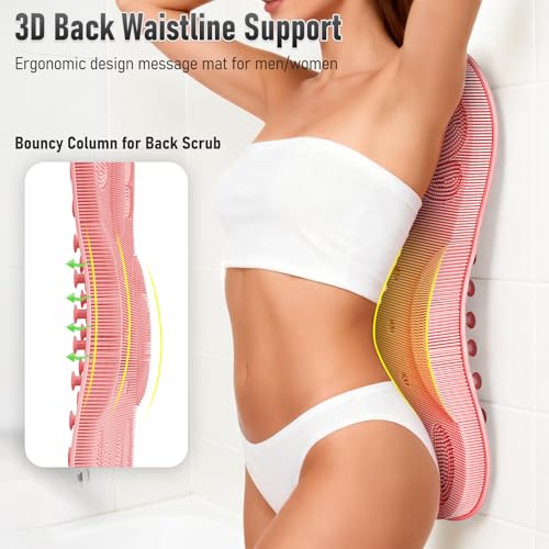 Back Scrubber for Shower Bath Wall Mounted Women XXL | Silicone Body Brush Scrub Mat with Curved 3D Back Support Power Suction Cups -Exfoliating Luxury Bathtub Cushion Pad Skin Care Home Spa Pink