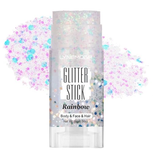 Rainbow Body Glitter Stick, Rainbow White Face Body Glitter Stick for Women Girls, Chunky Sequins Hair Glitter Gel Makeup for Lip Party Festival Rave Accessories Singer Concert Halloween