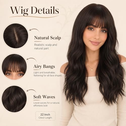 Long Wavy Wig with Bangs for Women Dark Brown, Natural Look, Adjustable Fit