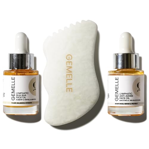 GEMELLE 3-Pack Lymphatic Gua Sha Morning & Night Face Starter Set 15ml | 10x Award Winner | White Jade Gua Sha Tool, Gua Sha & Anti-Aging Face Oils | Sculpting, Lymphatic Drainage, Hydrate, Protect