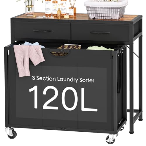 FGNTWP 120L Rolling Laundry Sorter with 3 Sections & Dual Drawers