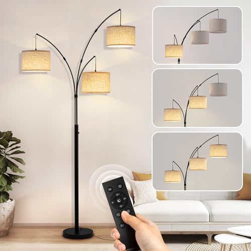 3 Light Arc Floor Lamp with Remote Control - Beige Shade & Black Pole, Adjustable & Dimmable
