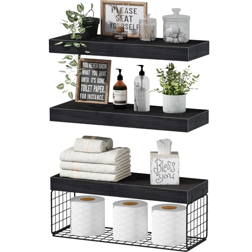 QEEIG Bathroom Shelves Over Toilet Wall Mounted (Black, Set of 3,