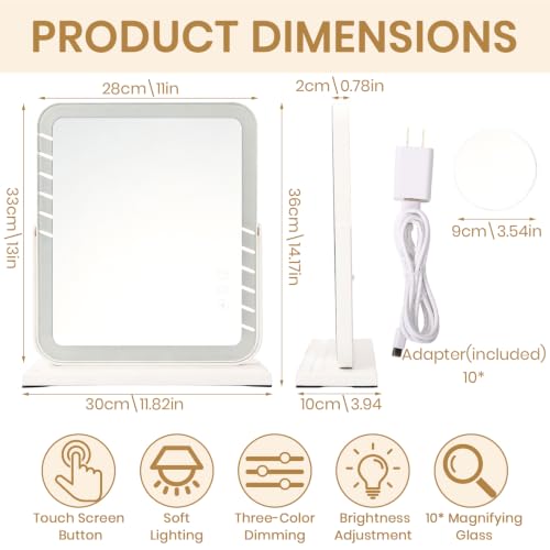 Square Lighted Makeup Mirror with Brightness & Color Adjustment - White Desk Vanity with 10x Magnifier