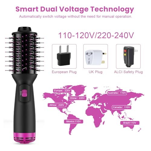 SHOSHE Black Pink Dual Voltage Mini Hair Dryer Brush with UK/EU Plug, All-in-One Volumizer & Styler