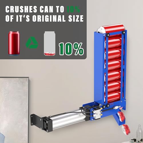 Pneumatic Can Crusher with Hopper - Blue, Heavy Duty Wall Mount Recycling Tool